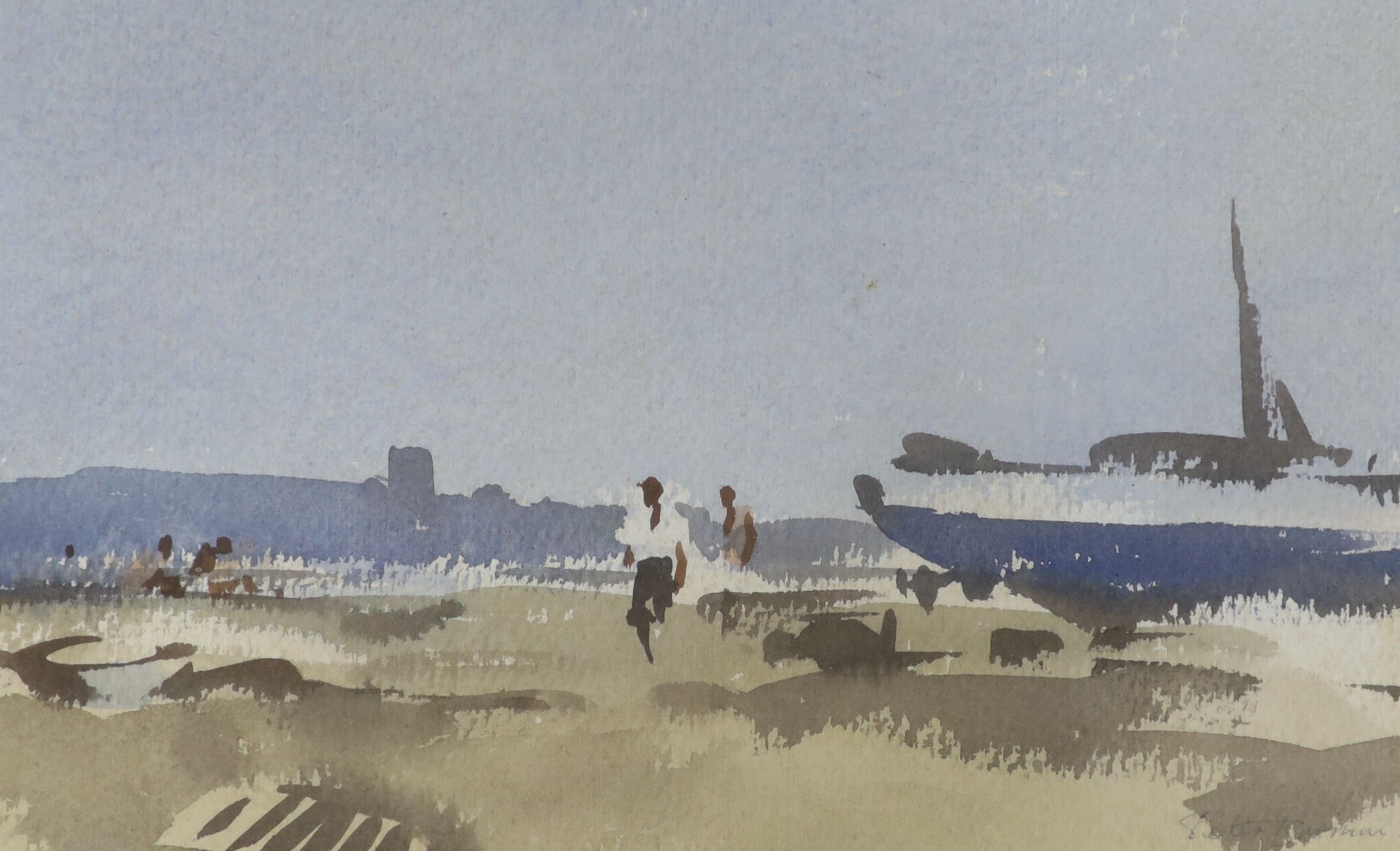 Peter Burman, watercolour, Beach scene, signed, 16 x 27cm